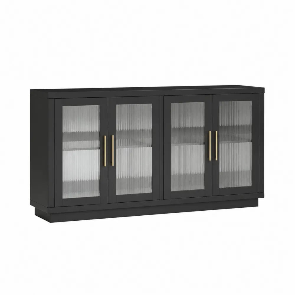 Schwarzes Holzsideboard mit geriffelten Glastüren und Metallgriffen