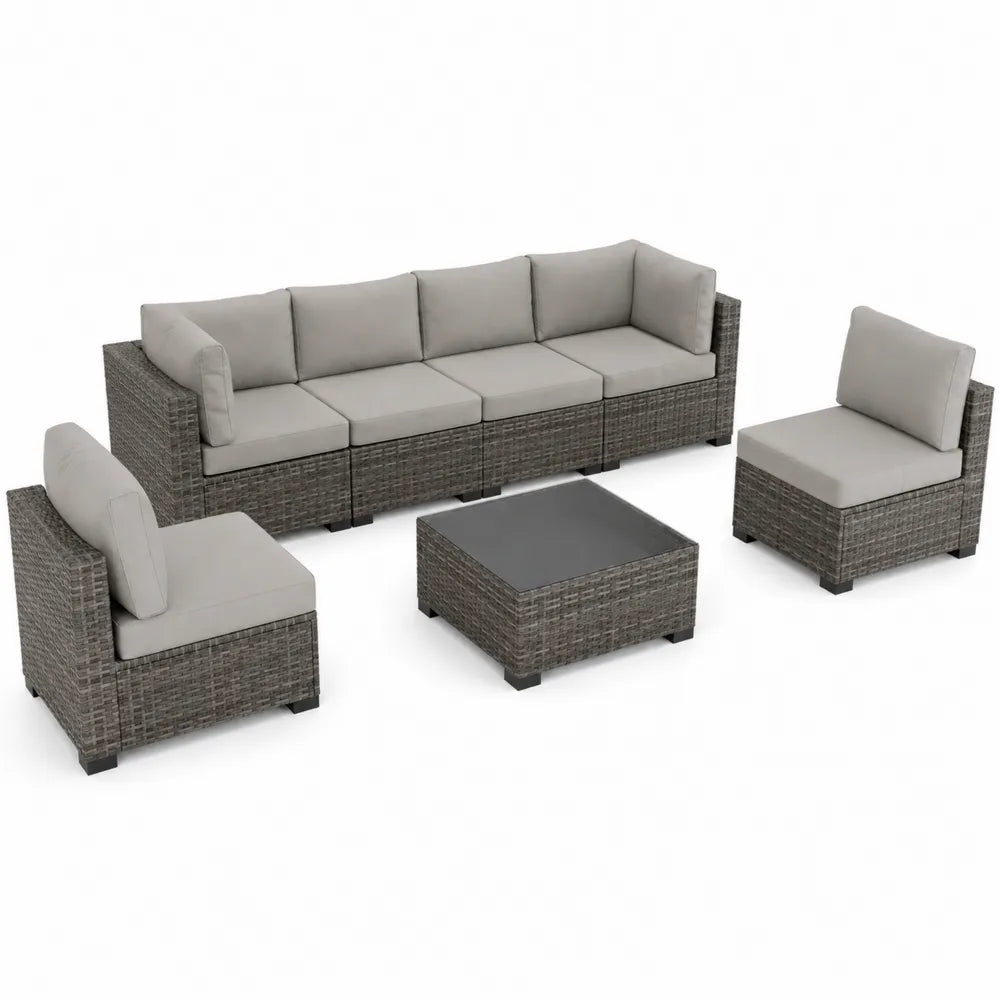 Grau Rattan Ecksofa Set mit Glasplatte, 5-teilig