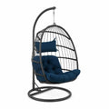 Hängesessel aus Polyrattan Schwarz mit Dunkelblauem Kissen und Gestell