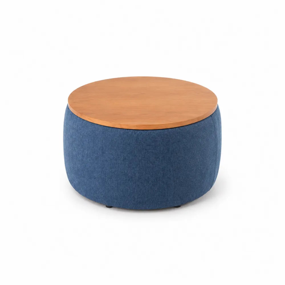 Runder Hocker mit Holzoberfläche und blauer Polsterung