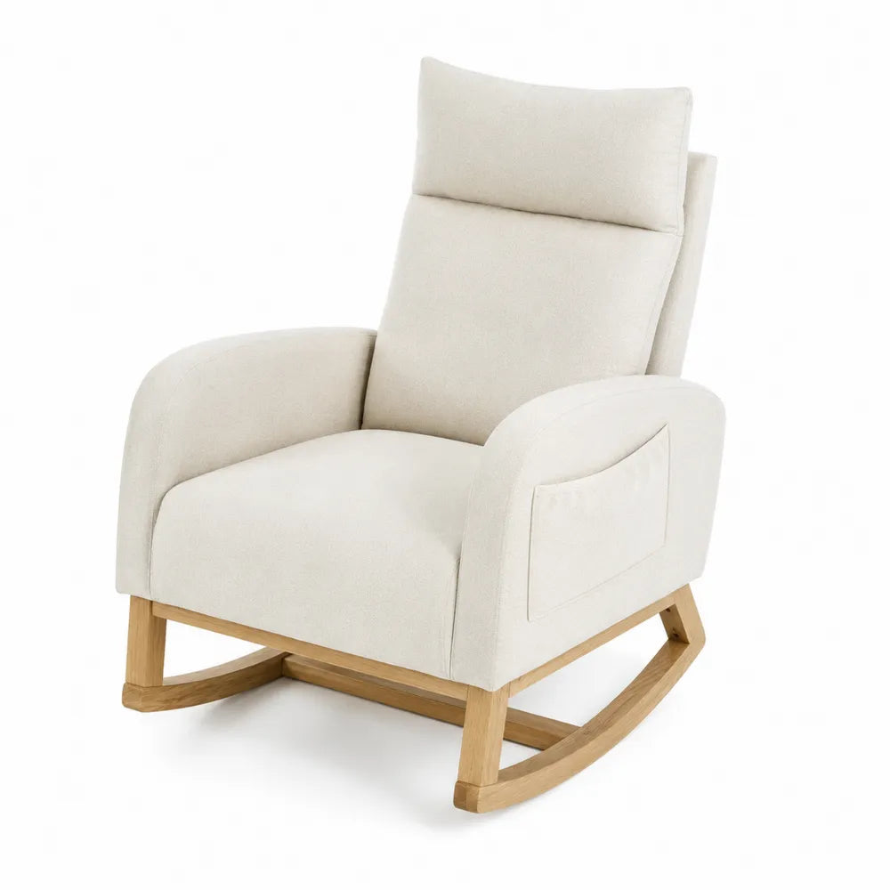 Schaukelstuhl aus Stoff und Eichenholz in Beige
